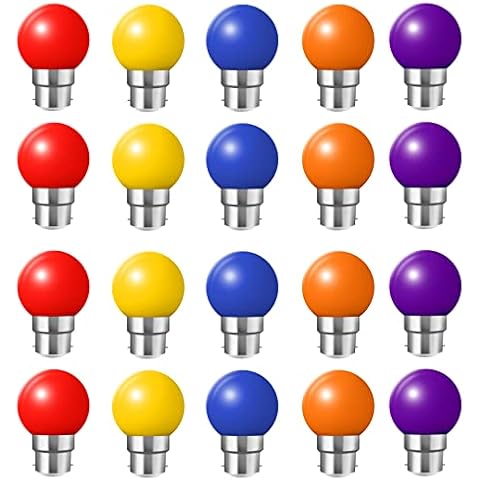 20x B22 Bayonet Cap LED Coloured Light Bulb Mini Globe Golfball Bulbs for Outdoor Patio Garden Party Christmas(Red Yellow Blue Orange Violet) Cover