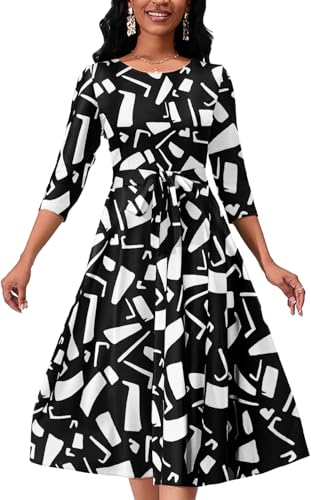 Image of PerZeal Women's Casual Wrap Flared Midi Dress Geometric Print Swing Round Neck 3 /4 Sleeve Wedding Guest Dresses with Belt XXX-Large