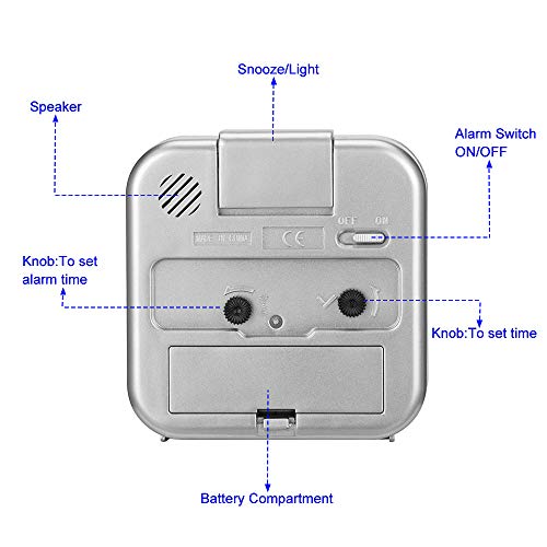 Tinload Small Battery Operated Analog Travel Alarm Clock Silent Non Ticking,Gentle Wake, Ascending Beep Sounds, Snooze,Lighted on Demand,Easy Set (Silver)
