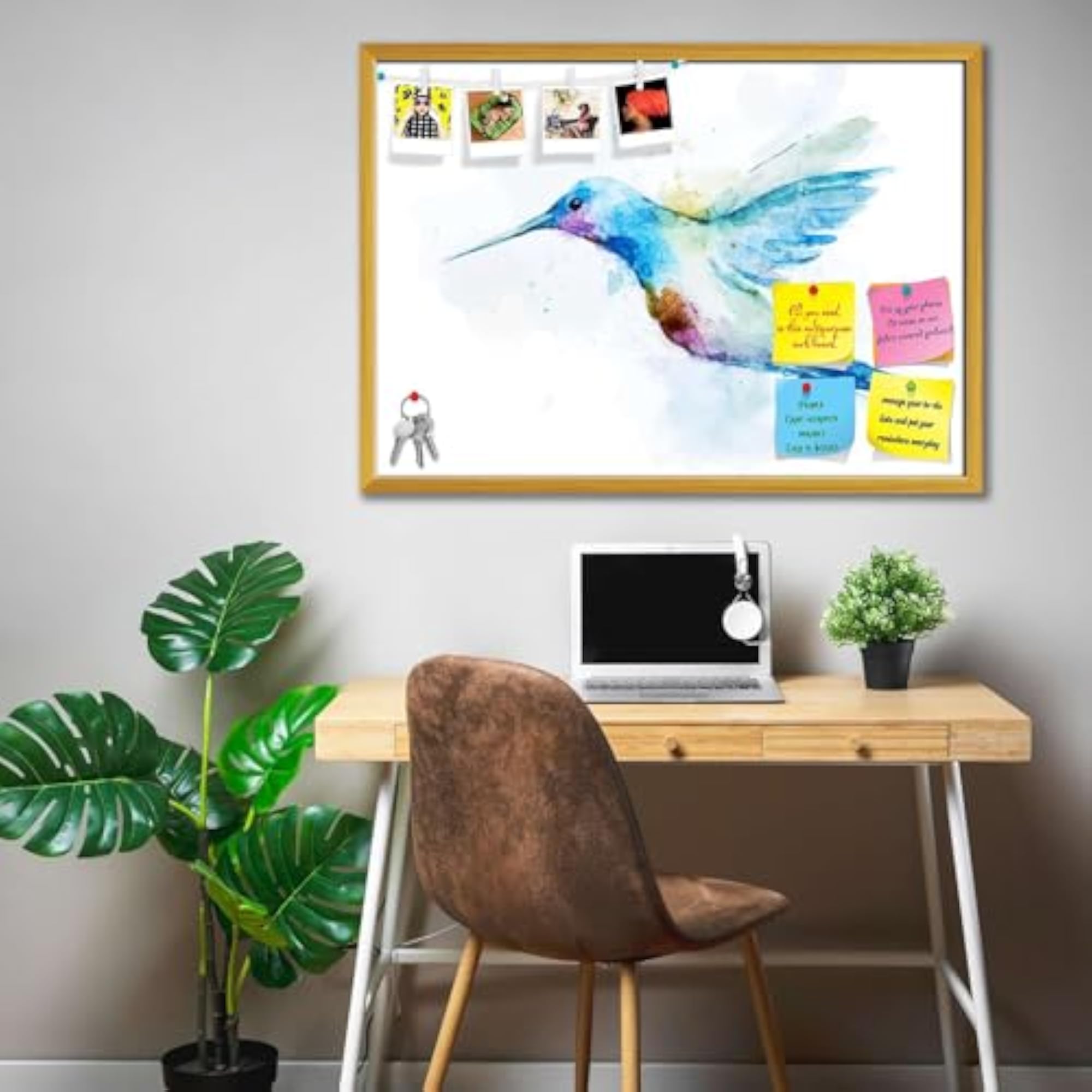 Watercolor Colibri Bird Bulletin Board Notice Pin Board with Push Pins & Sticky Notes