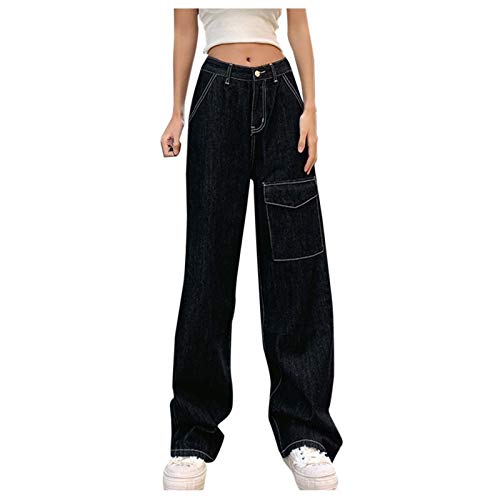 LULUZ - Pantalones vaqueros de mujer de cintura alta, rectos, a la moda, combinables, informales, largos, con bolsillos, color negro Negro M