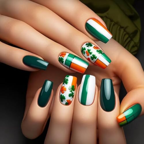 Square Fake Nails Irish Flag Clover False Nails with Flag Full Cover Stick on Nails Designs Glue on Nail for Women Girls DIY Manicure decoration