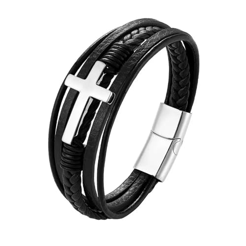 Pulsera de cuero con cruz para hombre y mujer en acero inoxidable miniatura 1