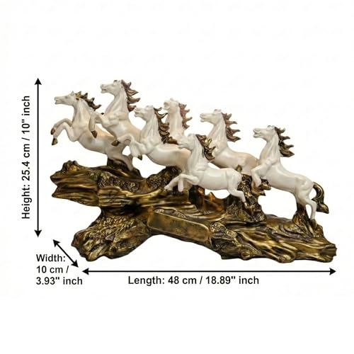 Image of eCraftIndia White Resin 7 Running Horses Showpiece | Horse Statue for Home Decor Office | Decorative Horse Sculpture with Golden Wave Base | Feng Shui Items for Good Luck