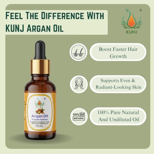 Image of KUNJ Argan Oil for Hair, Face, Skin & Nails 30ml - 100% Pure & Natural Cold Pressed Undiluted Carrier Oil | Helps Moisturize Skin, Nourish Hair, Control Frizz & Add Shine | Lightweight Beauty Oil