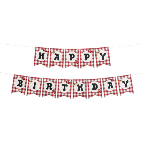 Happy birthday Picnic Letter , red and white Gingham Swallowtail flags, teacher , classroom, birthday, insects banner,Picnic Happy Birthday Banner - BBQ Birthday Party Pennant - Red Gingham Banner, Supplies for Home Office School Decor.