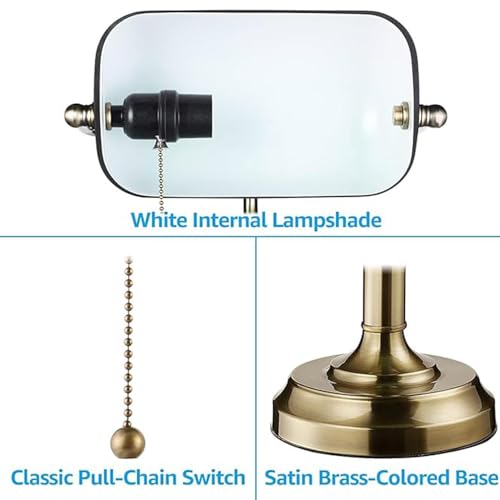 Image of HDC Premium Banker Lamp Antique Style Emerald Green Glass Desk Light Fixture Metal Beaded Pull Cord Switch Attached Golden Shade Attractive Table Lamp for Bedroom, Office Library Study Room