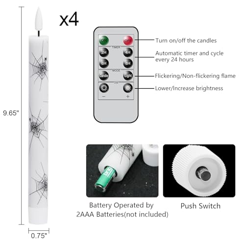 Image of GenSwin Real Wax Flameless Taper Candles, 4 Pack Halloween LED Taper Candles Battery Operated with Remote Timer, Flameless Candlesticks with Spider Web Prints for Halloween Decoration (0.75 inch x 9.65 inch)