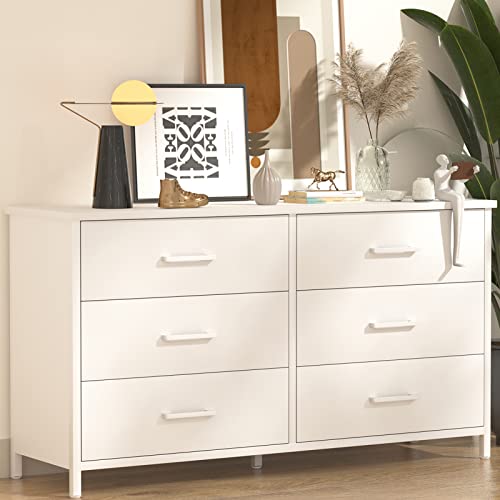 Ikeno 6 Drawer White Dresser, Industrial Wood Dresser For Bedroom, Sturdy Steel Frame #TOP3