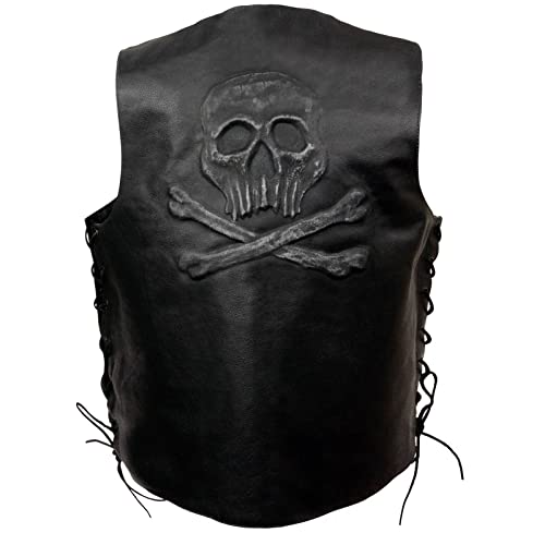 ELM3915 Men's Black Side Lace Motorcycle Leather Vest with Skull and Cross Bones Emboss