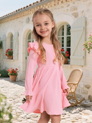 ESHOO Toddler Girl Dress Girls Sweater Dresses Ruffle Long Sleeve Ribbed Knit Casual Fall Dresses for Kids 2-7 Years2