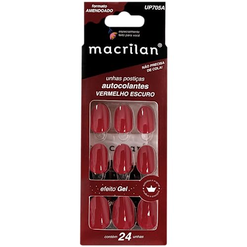 Unhas postiças formato amendoado com adesivo - vermelho escuro - Plástico ABS UP705A - Macrilan