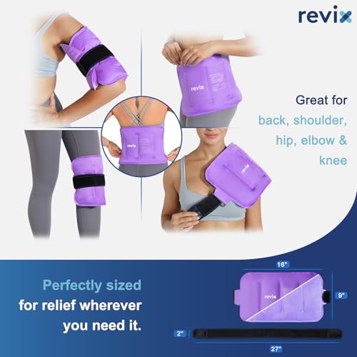 Image of REVIX Ice Pack for Injuries Reusable Gel for Lower Back & Shoulder, Purple | 16x9in Full Coverage for Lower Back, Shoulder, Hip & Knee, Cold Compress Therapy, Hands-free Strap, Long-lasting Gel, 2 Packs