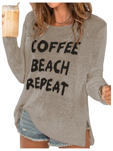 Image of Verdusa Women's Beach Cover Up Sweaters Letter Print Long Sleeve Crochet Crew Neck Knit Sweater Summer Tops