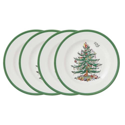 Spode Christmas Tree 8 Inch Salad Plates, Set of 4 - Holiday Earthenware Tableware Gift, Festive Small Dinner Plate for Sides, Appetizers, Starters - Made in England, Dishwasher, Oven, Microwave Safe