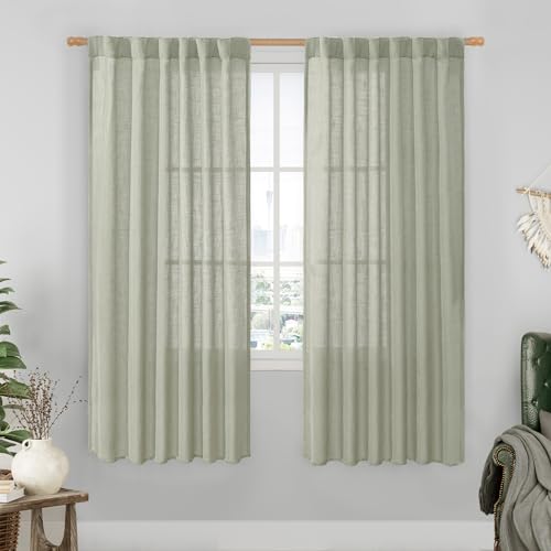 LAMIT Sage Grey Linen Boho Curtains 68 inch Length 2 Panels, Light Filtering Semi Sheer Panels Back Tab and Rod Pocket Neutral Drapes for Bedroom/Living Room, 52 x 68 Inch
