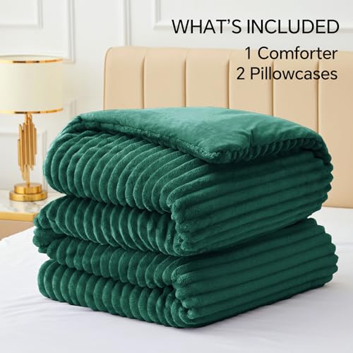 BEDELITE Fleece Queen Comforter Set -Super Soft & Warm Fluffy Dark Green Bedding, Luxury Fuzzy Heavy Bed Set for Winter with 2 Pillow Cases