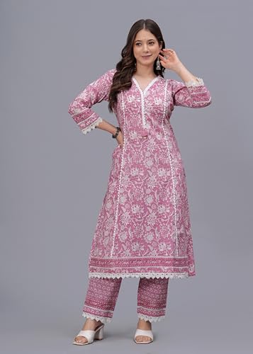 Image of Amayra Women's Pure Cotton Printed Straight Kurta Set with Palazzo Pants & Dupatta- Ethnic Wear