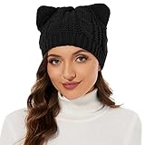 Durio Cat Ear Beanie for Women Girls Cute Beanie with Ears Crochet Rib Cat Ear Hat Strechy Womens Beanies for Winter Black One Size