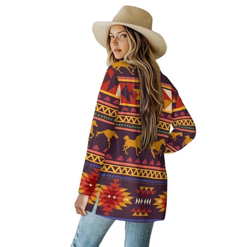 Image of Women's Aztec Open-Front Jacket Lightweight Casual Outerwear Native Western Aztec Pattern & Plaid Houndstooth Print