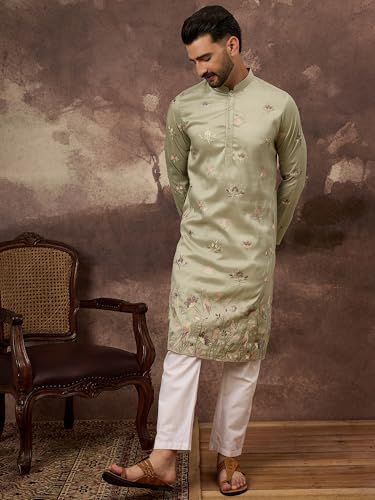 Image of Men's Calf Length Silk Blend Embroidered Solid Kurtas | Men | Kurtas for Mens | Straight Fit Kurta for Men's