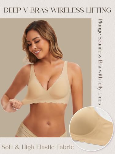 Image of Seamless Wavy Bra Wireless Jelly Bralette Low Cut Deep V Neck Bras | Adjustable Straps, Sexy Plunge Bra, Removable Pads, High Elastic Fabric, Scalloped Edges, Deep V Bras for Women No Underwire