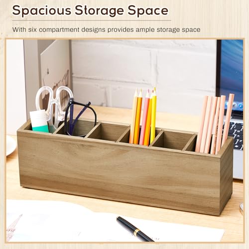 Image of Jetec Wooden Pencil Pen Holder for Desk 6 Compartments Cosmetic Makeup Brush Stationery Office Desktop Organizers for Countertop Adjustable Silverware Caddy for Home and Party, Art Supplie(Wood Color)