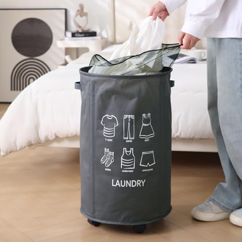 Image of HOKIPO Laundry Basket Foldable Hamper With Wheels, Grey (NEW2-AR-5322-GRY)