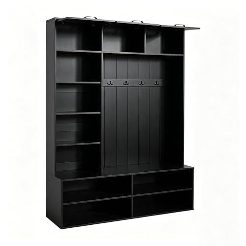 Image of 5-in-1 Hall Tree with Bench, Entryway Storage Organizer Cabinet, Black