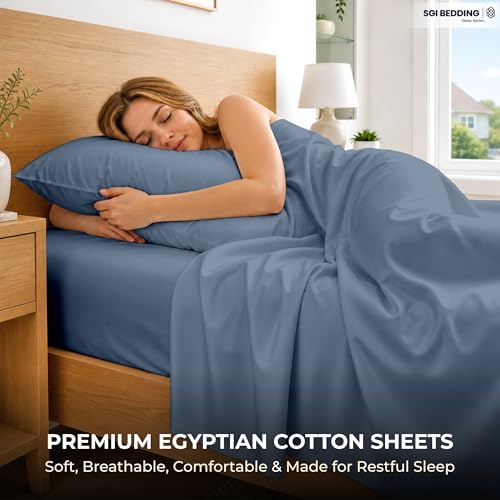 Image of SGI bedding 100% Egyptian Cotton Sheets Full Size - 600 Thread Count Sheets Set, Soft, Cooling, 15 inch Deep Pocket, Luxury Hotel Bedding, Breathable, Durable - Mediterranean Blue