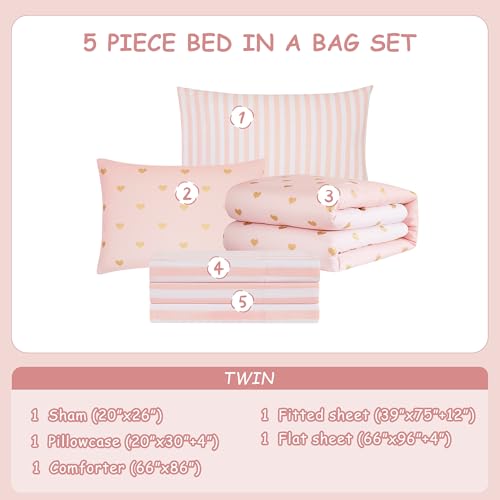 Twin Comforter Set with Sheets for Girls-5 Pieces Twin Bedding Sets with Pink Comforter, Sheets, Pillowcase & Sham for Kids (Pink Gold Heart, 66" X 86")