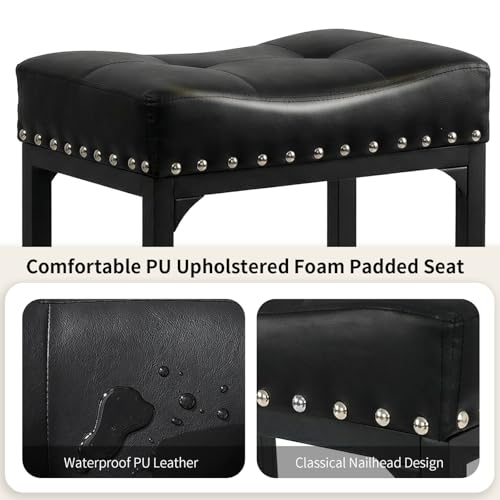 Image of Bar Stools Set of 3, Counter Height Bar Stools for Kitchen Island, 24 Inch Black Saddle Backless Barstools, Counter Height Stools with Thick Saddle Seats & Metal Base, Black