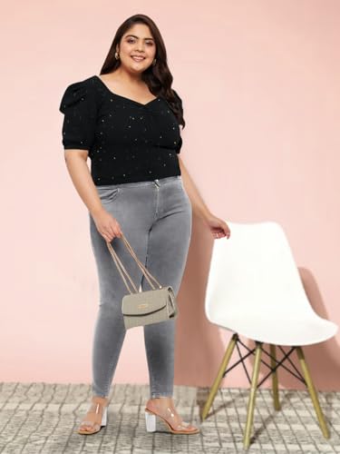 Image of wild U Women Western Plus Size Crop Top| Shimmer | Puff Sleeve | Stretchable | Stylish Top for Curvy Women (Black)