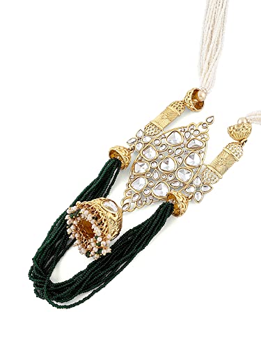 Image of ZAVERI PEARLS Green Multistrand Beaded Long Kundan Necklace Earring Ring Set For Women-ZPFK16019