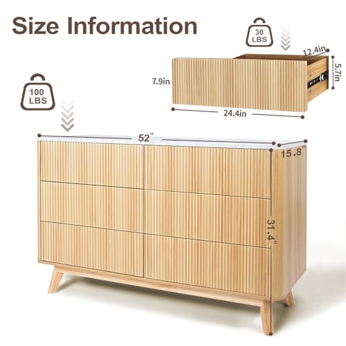 Image of Airynee Fluted 6 Drawers Dresser for Bedroom,52 inch Wide Handleless Chest of Drawers with Faux Marble Top, Wooden Dresser TV Stand, Wood Drawer Organizer for Living Room, Hallway, Natural Oak