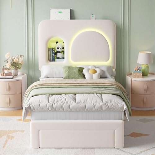 Image of Keyluv Twin Size LED Bed Frame with Storage Bookcase Headboard & Charging Station, Velvet Upholstered Platform Bed with Drawer & USB Ports, Sturdy Metal Support, No Box Spring Required, Beige