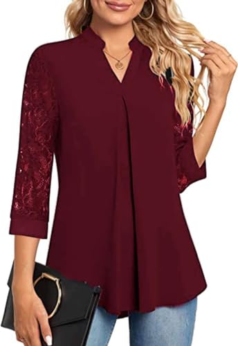 Teesho Damen Bluse 3/4 Arm Elegant Hemdbluse V-Ausschnitt Blusen A-Line...