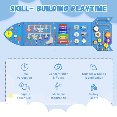 Image of Spacocld Montessori Busy Board - Blue Rocket Activity Wall Panels, Wall Toys for Toddlers 3+, Sensory Panels for Kids, Wooden Activity Cubes, Playroom Daycare Toys, Toddler Sensory Board (4PCS)