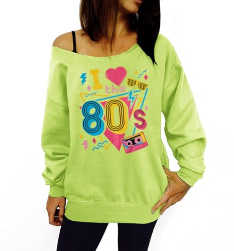 MNLYBABY 80s Outfit Women 80s 90s Theme Party Disco Shirt Off The Shoulder Sweatshirt Vintage 80s Neon I Love The 80's Top