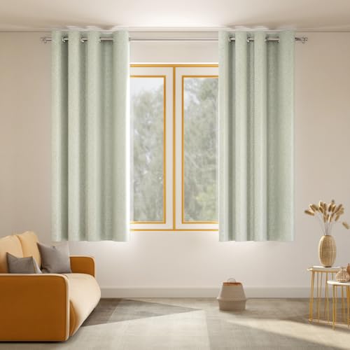Image of haus & kinder Printed Jacquard Window Curtains 5 Feet Long Pack of 2 Window Curtains, 5 Feet Curtains for Window (Willow Breeze, Celladon Nature 130x152 CM)