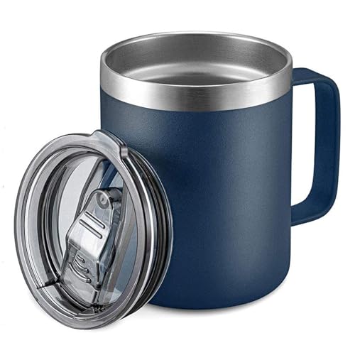 Senshuomy Thermal Mug, Insulated Mug with Handle and Sliding & Straw Lid, Leakproof Reusable Double Walled Vacuum Stainless Steel Travel Camping Coffee Cup,Dishwasher Safe (Blue/12oz)