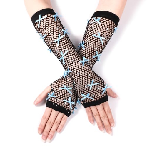 Rhinestone Fishnet Bow Gloves for Women & Girls, 8.66 Inch Fishnet Fingerless Sleeves, Sparkly Glitter Mesh Gloves for Rave, Party, Concert, Cosplay, Festival