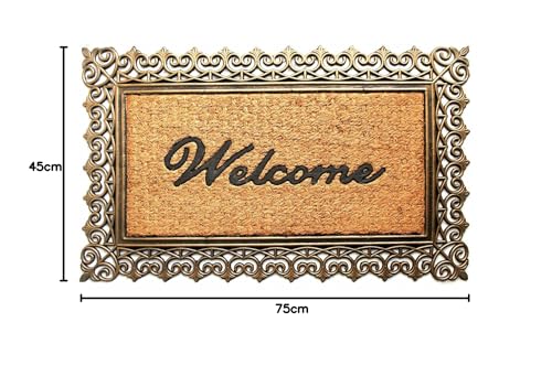 Image of Onlymat Natural Coir Black&Gold Welcome Printed Rectangular Doormat with Attractive Designed Border Long-Lasting,Heavy Duty,Large&Thick Entryway Rug for Indoor&Covered Door Entrances (75 cmX45 cm)