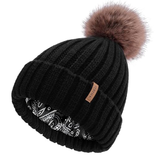 Bonnet tricoté doublé en satin avec pompon amovible FURTALK d'hiver