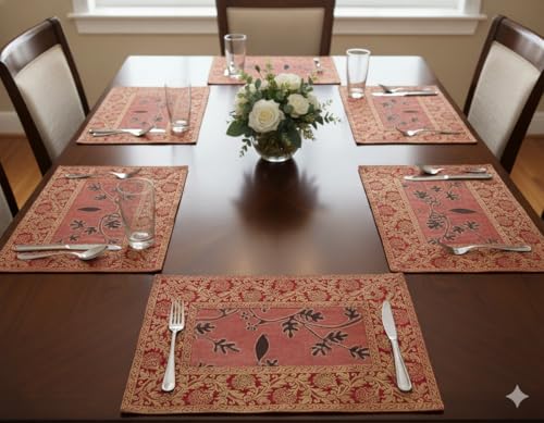 Image of Brocade Silk Placemats for Dinning Table 12 x 18 Inches Hand Embroidered, Set of 6 Decorative Placemats for Home (Maroon)