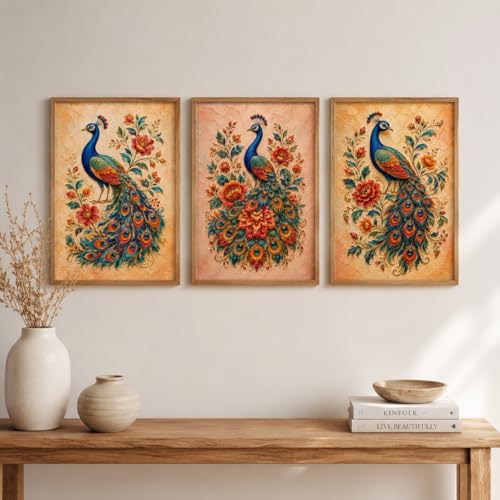 Image of Livin'luxe Set of 3 Peacock Floral Wall Paintings for Living Room Bedroom Home Decor with Premium Wooden Color Synthetic Frame, Ethnic Art (25.5 x 19.5 Inch) NM03-66