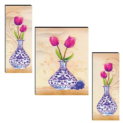 Image of Indianara Set of 3 Flowers in Vases MDF Art Painting (3831FL) without glass 4.5 X 12, 9 X 12, 4.5 X 12 INCH