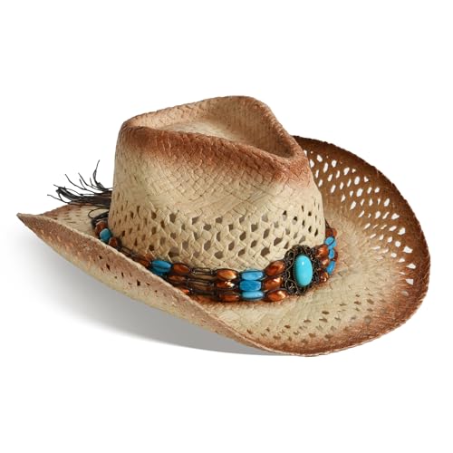 Image of Cowboy Hats for Women & Men Straw Cowboy Hat Wide Brim Western Cowgirl Hats Summer Sun Hat