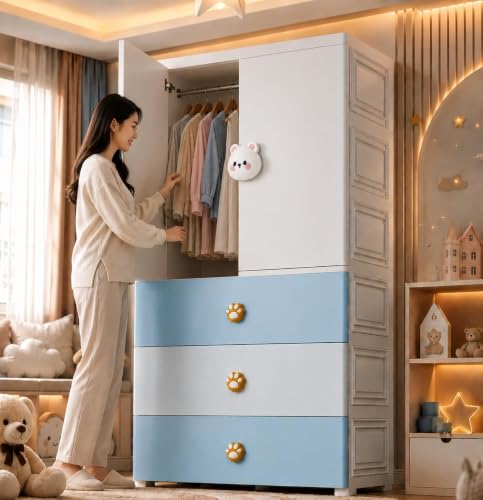 Image of HIWARE Premium Modular Wardrobe for Bedroom, Kids Room and Home | Spacious Clothes Storage Cabinet with Drawers and Shelves | Modern Stylish Design, Heavy Duty, Multiuse Organizer -SJ6514-BLUE Bear