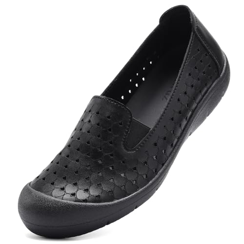 Image of Women's Summer Slip On Loafers, Breathable Perforated Hollow Cutout Flats, Comfortable Vegan Leather Walking Work Shoes for Women, Heart Floral Geometric Pattern Soft Sole Casual Summer Footwear